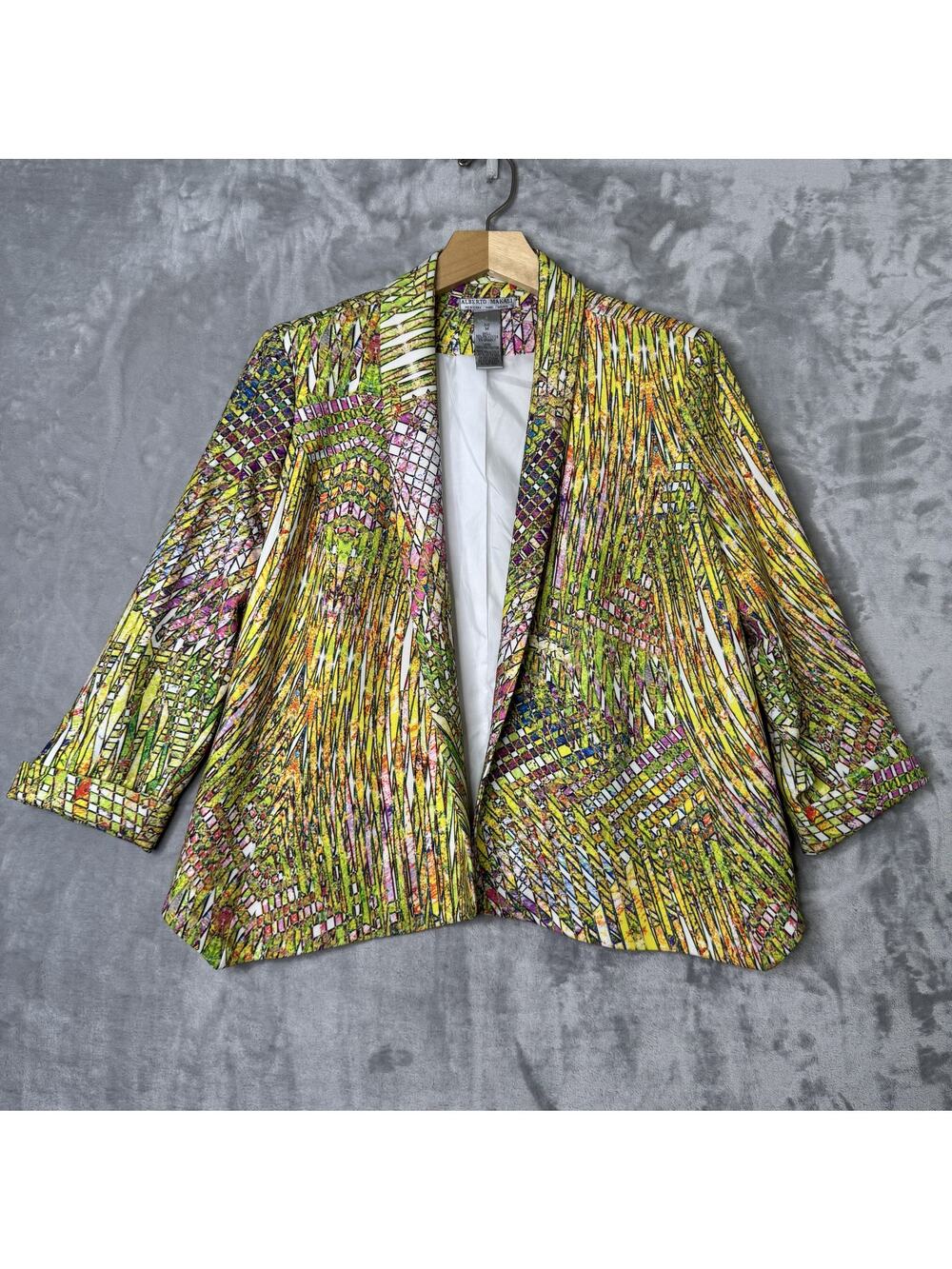 Alberto Makali Blazer Womens Medium Multicolor Abstract Open Front Jacket Lined